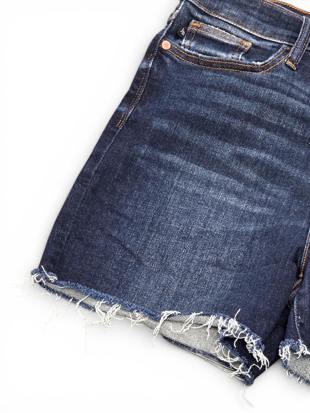 Judy Blue High Rise Button Fly Raw Hem Denim Shorts Distressed Dark Wash Large - Picture 4 of 10